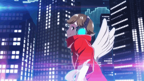 a girl with wings and headphones is standing in front of a city skyline