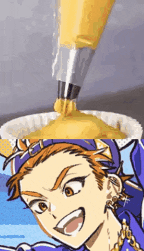 a close up of a person 's face with a yellow sauce coming out of a piping bag