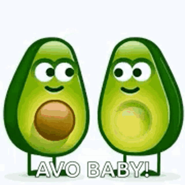 two avocados with faces and eyes are standing next to each other and holding hands .