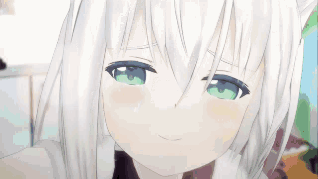 a close up of a anime girl with white hair and blue eyes