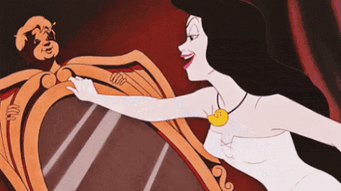 a cartoon of a woman touching a mirror with a man in the background