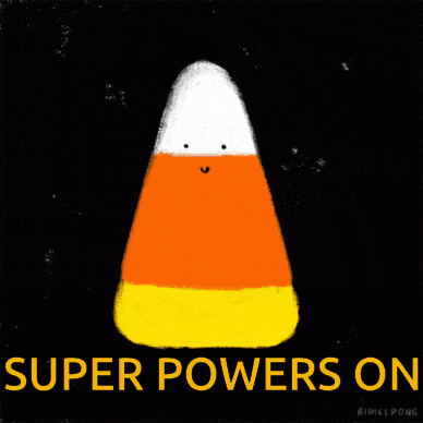 a candy corn with a face and the words super powers on below it