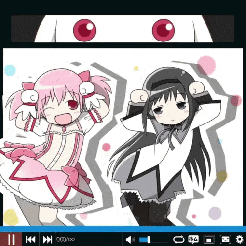 two anime girls are dancing in a video with a play button