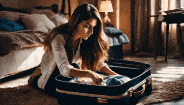 a woman is kneeling on the floor packing a suitcase .