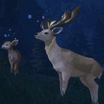 a couple of deer standing in a field with a blue sky in the background