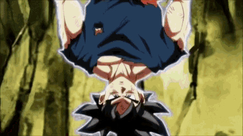a cartoon character is hanging upside down with a yellow background