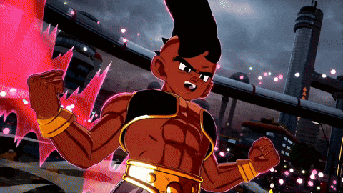 a cartoon character is standing in front of a city with his fist up
