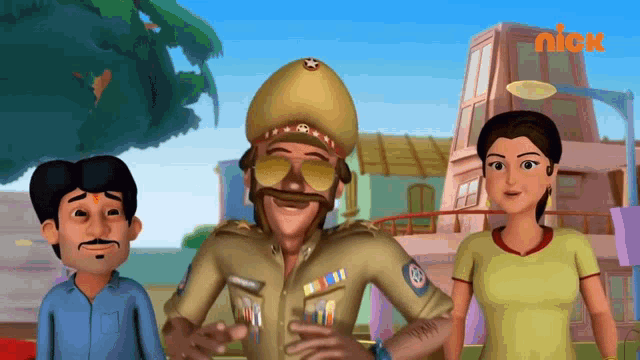 a cartoon of a police officer standing next to a man and a woman with a nick logo in the corner