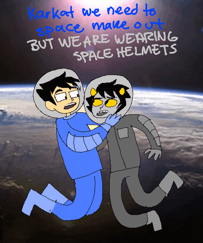 a cartoon drawing of two people wearing space helmets