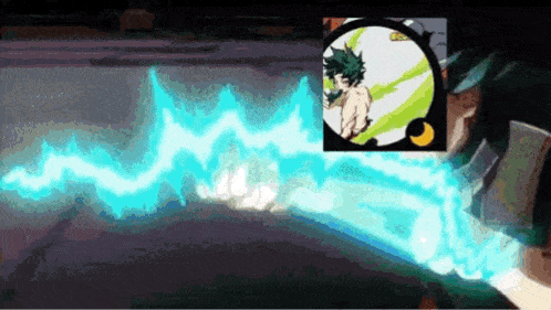 a person is holding a blue lightning bolt in their hand in a dark room .