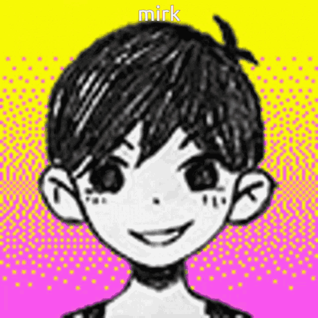 a black and white drawing of a boy with a smile on his face on a yellow and pink background .