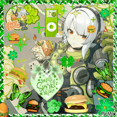 a picture of a girl holding a hamburger and a heart that says smile sparkle shine