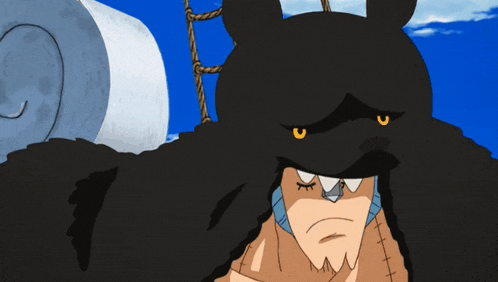 a cartoon character is wearing a black cat costume with yellow eyes