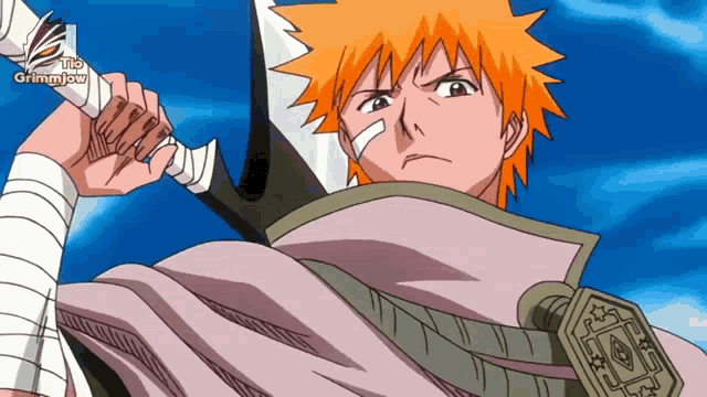 a cartoon character with a bandage on his face is holding a sword in front of the grimmlow logo