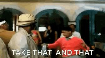 a group of people are dancing in a room with the words `` take that and that '' written on the bottom .