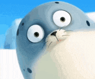 a close up of a cartoon seal with big eyes