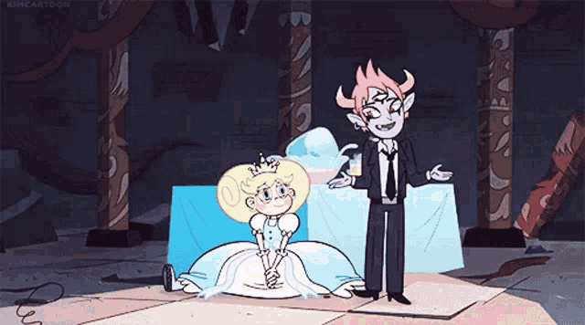 a couple of cartoon characters standing next to each other with kimcartoon written on the bottom right