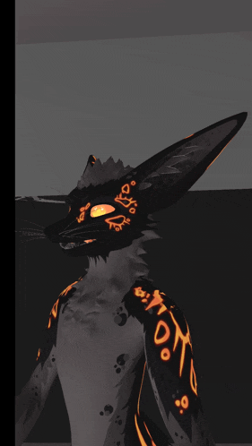 a drawing of a furry animal with glowing eyes and orange markings on its body