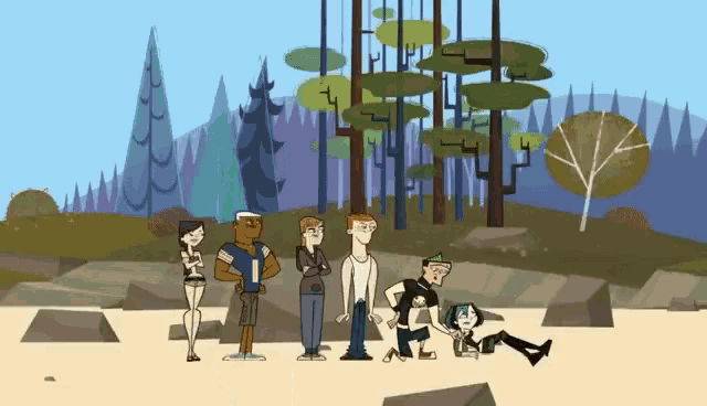 a group of cartoon characters standing on a beach