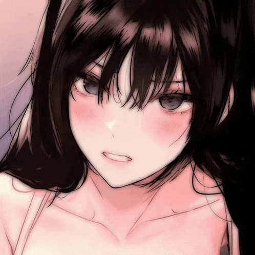 a close up of a girl 's face with dark hair