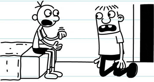 a diary of a wimpy kid drawing of a boy sitting on a box and a boy kneeling down .