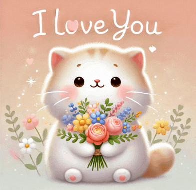 a cat holding a bouquet of flowers with the words " i love you " written above it