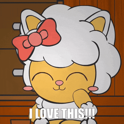 a cartoon cat with a red bow on her head and the words i love this