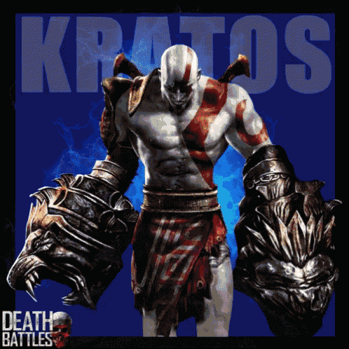 a poster for death battles featuring kratos with a blue background