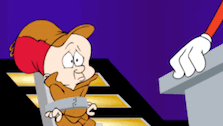 a cartoon character is tied up in a chair and looking at someone 's hand