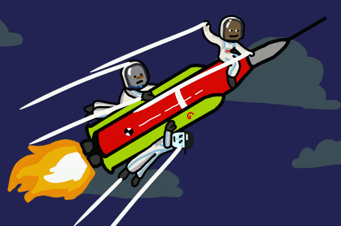 a cartoon of two astronauts riding a rocket with the letter t on it