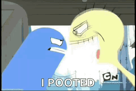 two cartoon characters are standing next to each other and one says i pooted .