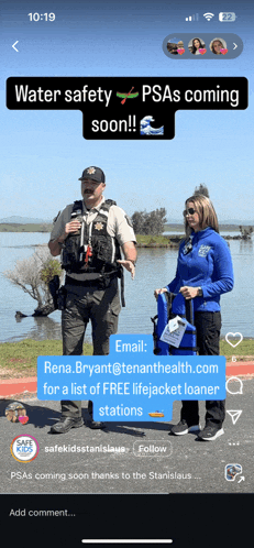 a phone screen shows a police officer and a woman holding a life jacket