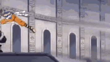 a cartoon character is jumping in the air in front of a building