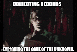 a man with glasses is holding a book in a dark room with the words collecting records exploring the cave of the unknown