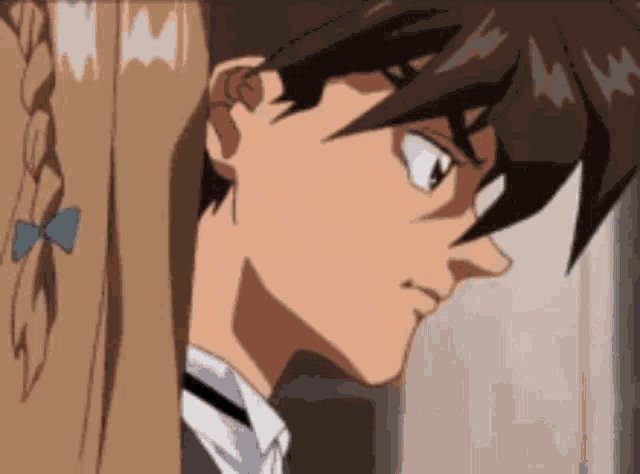 a close up of a cartoon character 's face with a braid