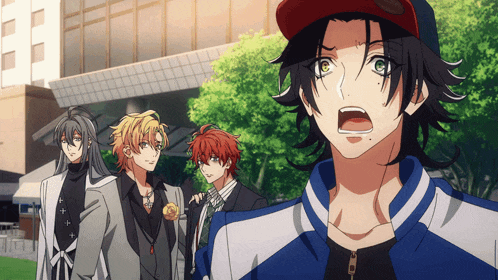 a group of anime characters are standing in front of a building and one has a surprised look on his face