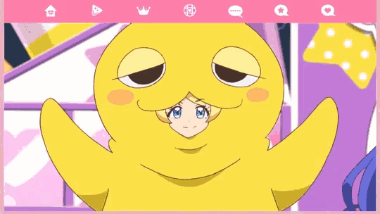 a yellow cartoon character with a little girl in its mouth