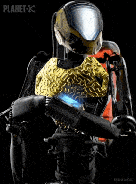 a poster for planet x shows a robot with a helmet on