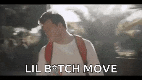 a man with a backpack is saying `` lil b * tch move '' .