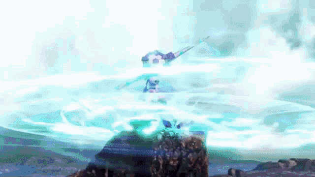 a video game character is being thrown in the air by a wave