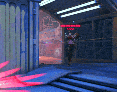 a woman in a video game with a sign that says kisse