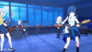 a group of anime girls playing guitars and drums