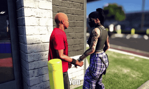 a man in a red shirt is talking to a woman in plaid pants