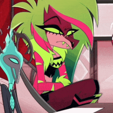 a cartoon character is sitting in a chair with a pair of scissors in her hand