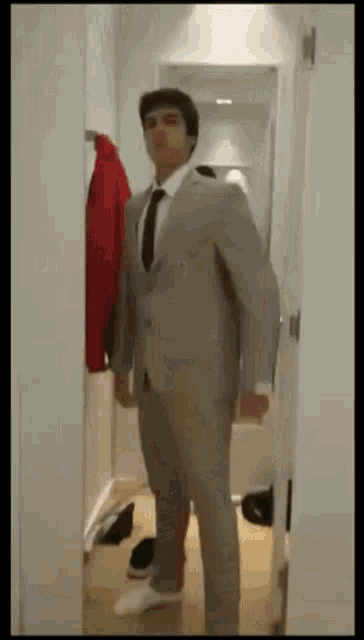 a man wearing a suit and tie is standing in a hallway .