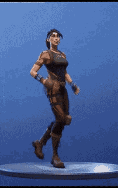 a woman in a military uniform is dancing on a podium in front of a blue background .