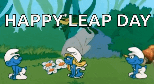 a cartoon of smurfs with the words happy leap day below them