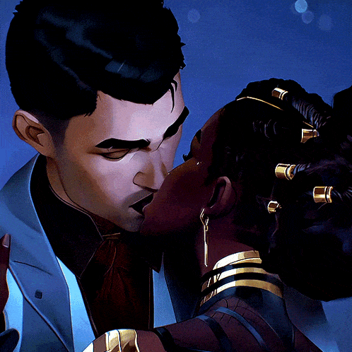 a man and a woman are kissing in a painting