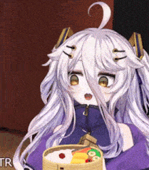 a girl with white hair is holding a basket of food