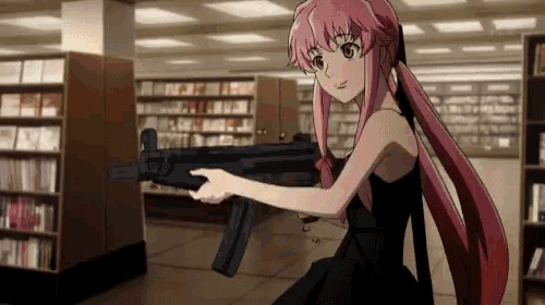 a anime girl is holding a gun in a library .